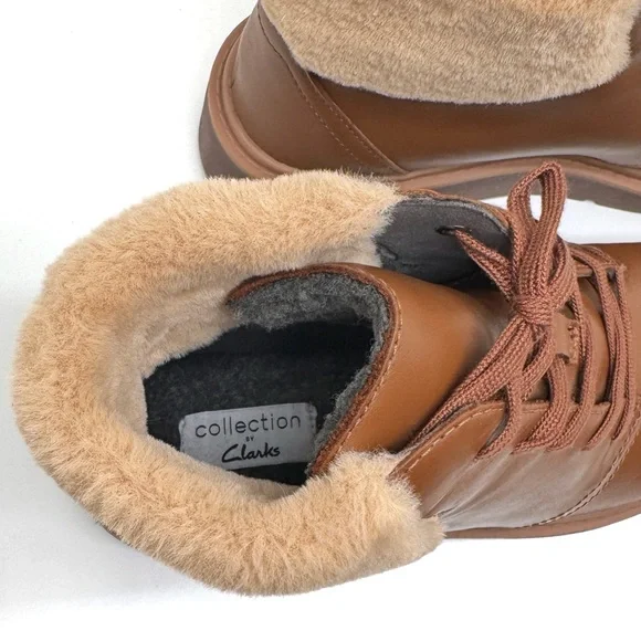 Clarks Leighly Lace Up Leather Boots with Faux Fur Cuff Brown Size 8 - Picture 6 of 11